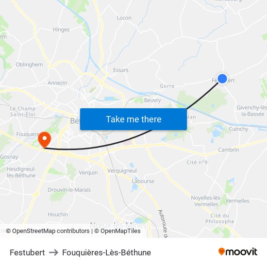 Festubert to Fouquières-Lès-Béthune map