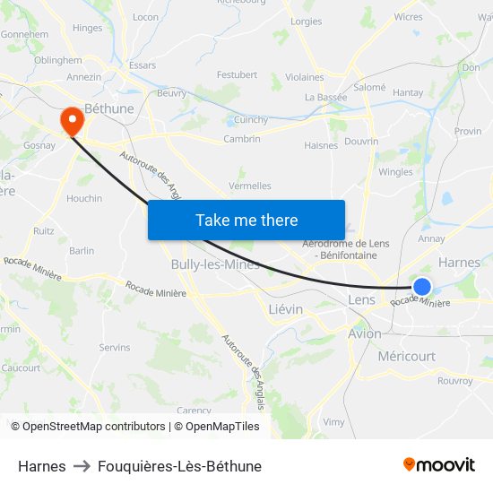 Harnes to Fouquières-Lès-Béthune map