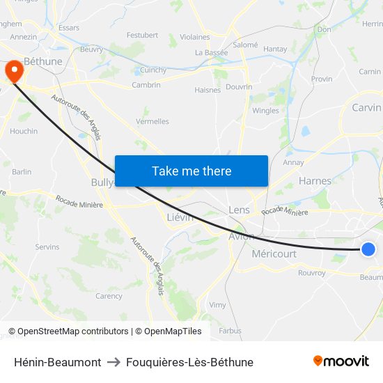 Hénin-Beaumont to Fouquières-Lès-Béthune map