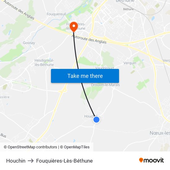 Houchin to Fouquières-Lès-Béthune map