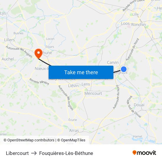 Libercourt to Fouquières-Lès-Béthune map