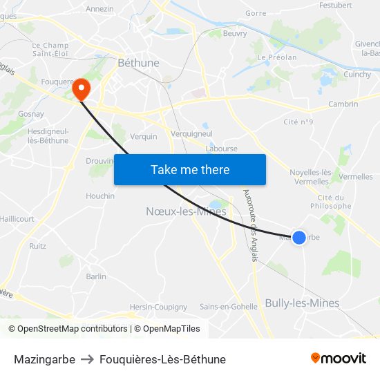 Mazingarbe to Fouquières-Lès-Béthune map