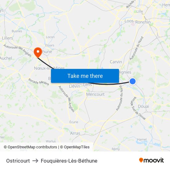 Ostricourt to Fouquières-Lès-Béthune map