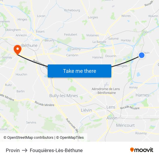 Provin to Fouquières-Lès-Béthune map