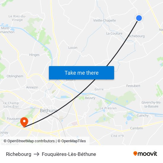 Richebourg to Fouquières-Lès-Béthune map