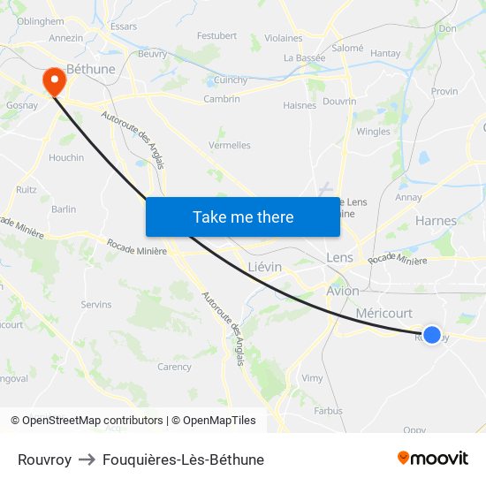 Rouvroy to Fouquières-Lès-Béthune map