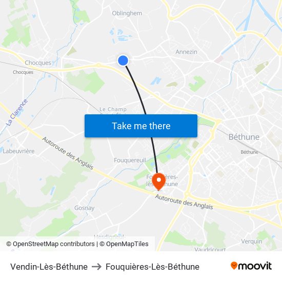 Vendin-Lès-Béthune to Fouquières-Lès-Béthune map