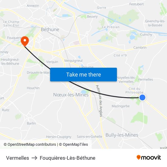 Vermelles to Fouquières-Lès-Béthune map