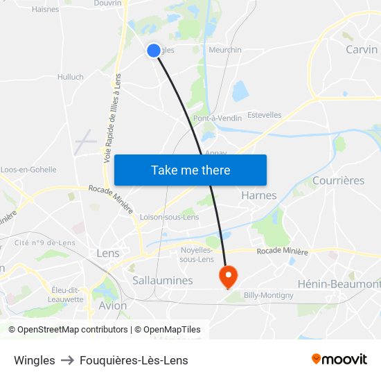 Wingles to Fouquières-Lès-Lens map