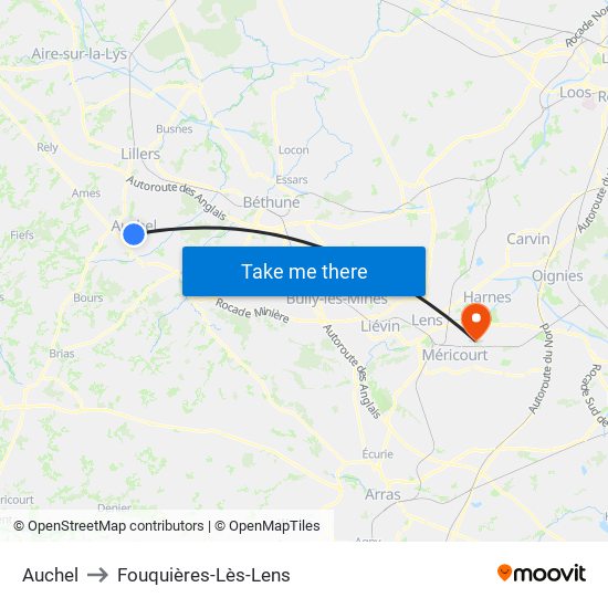 Auchel to Fouquières-Lès-Lens map