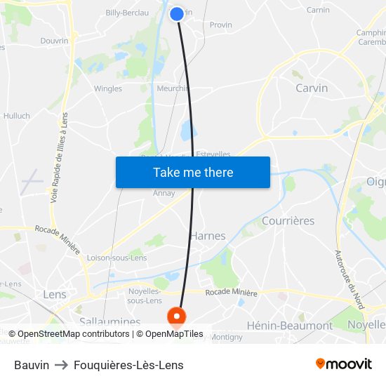 Bauvin to Fouquières-Lès-Lens map