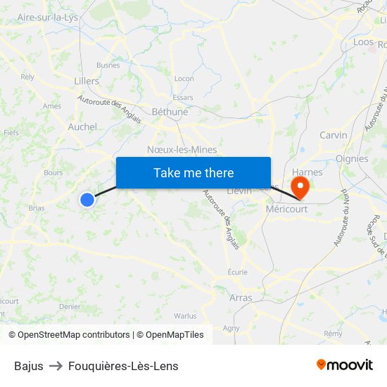 Bajus to Fouquières-Lès-Lens map