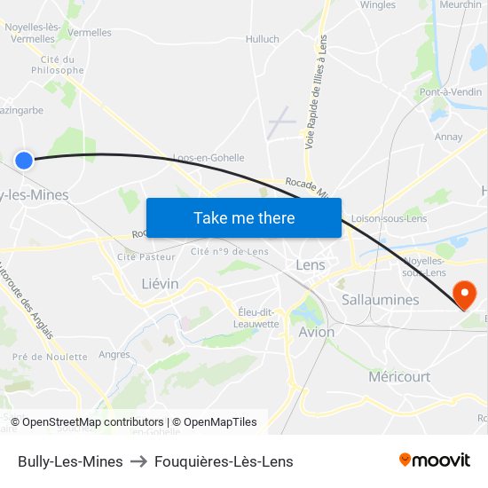 Bully-Les-Mines to Fouquières-Lès-Lens map