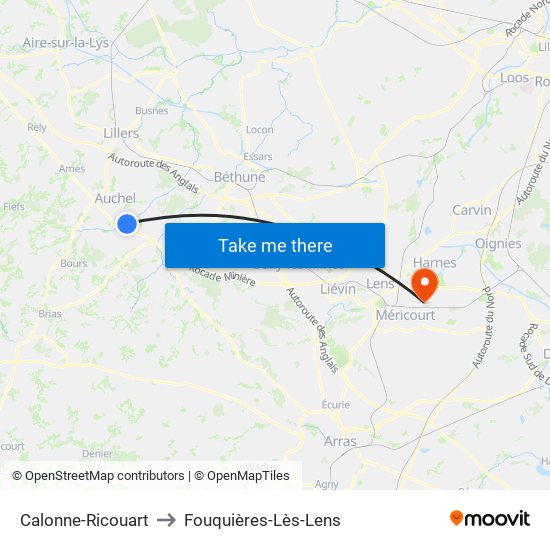 Calonne-Ricouart to Fouquières-Lès-Lens map