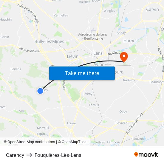 Carency to Fouquières-Lès-Lens map