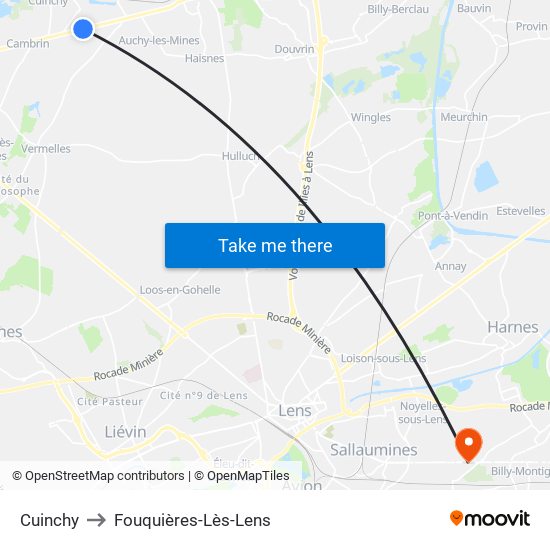 Cuinchy to Fouquières-Lès-Lens map