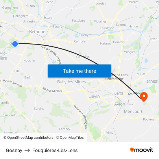 Gosnay to Fouquières-Lès-Lens map