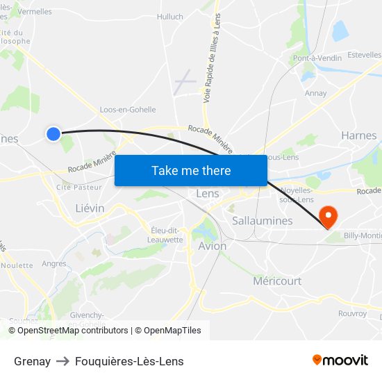 Grenay to Fouquières-Lès-Lens map