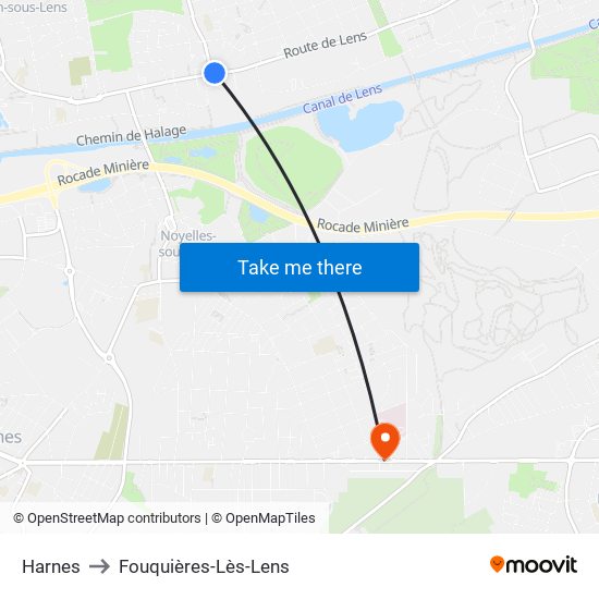 Harnes to Fouquières-Lès-Lens map