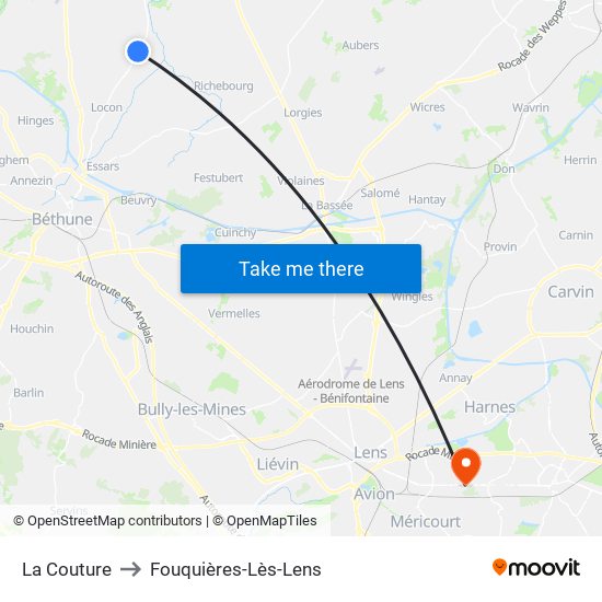 La Couture to Fouquières-Lès-Lens map
