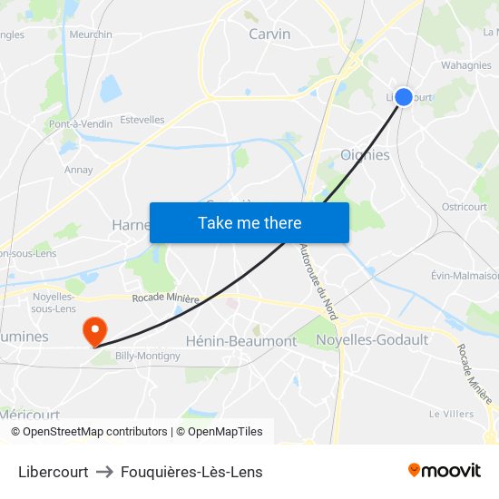 Libercourt to Fouquières-Lès-Lens map