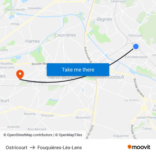 Ostricourt to Fouquières-Lès-Lens map