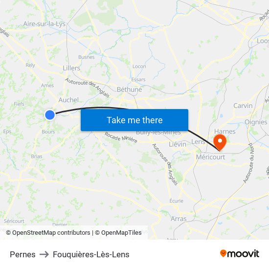 Pernes to Fouquières-Lès-Lens map