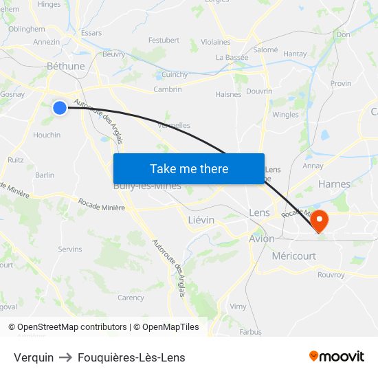 Verquin to Fouquières-Lès-Lens map