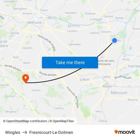 Wingles to Fresnicourt-Le-Dolmen map