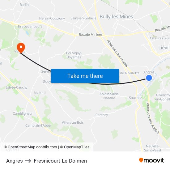 Angres to Fresnicourt-Le-Dolmen map