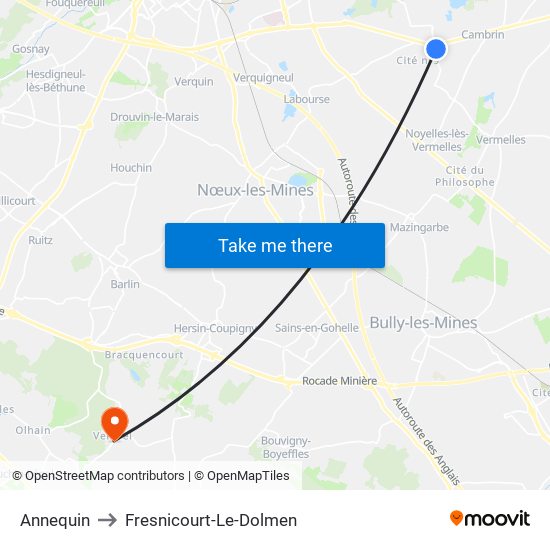 Annequin to Fresnicourt-Le-Dolmen map