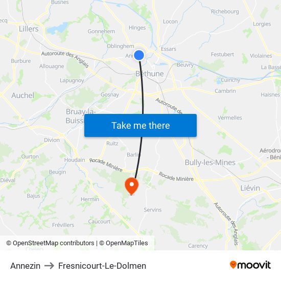 Annezin to Fresnicourt-Le-Dolmen map