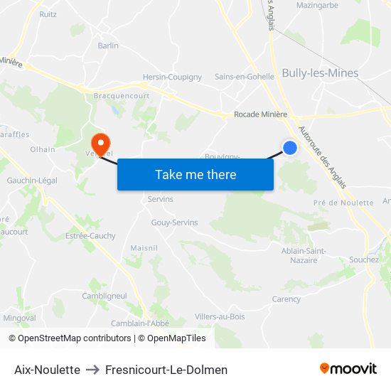 Aix-Noulette to Fresnicourt-Le-Dolmen map