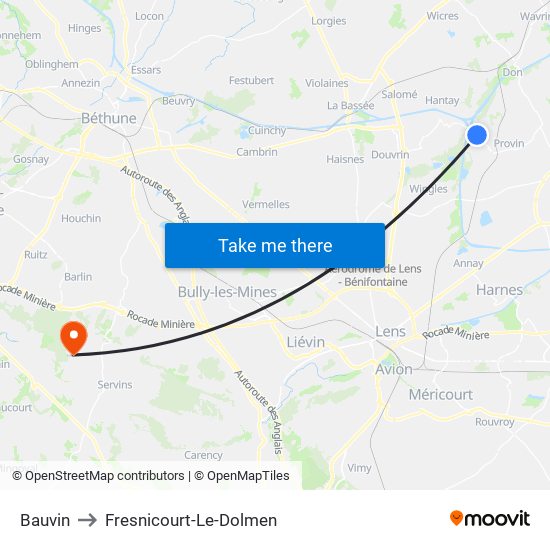 Bauvin to Fresnicourt-Le-Dolmen map