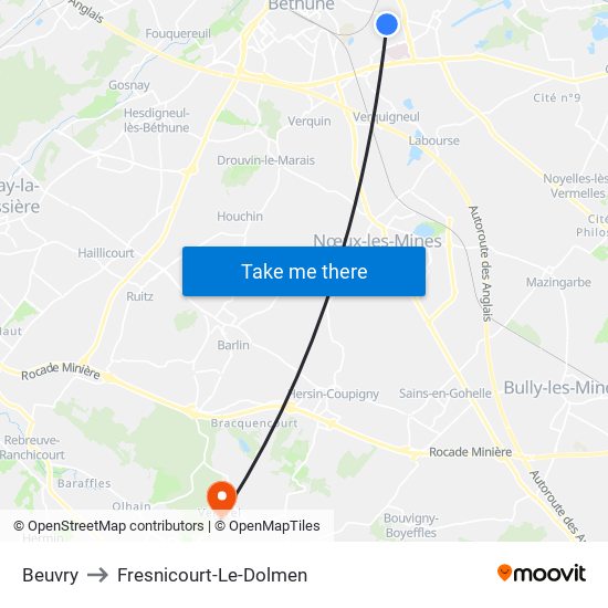 Beuvry to Fresnicourt-Le-Dolmen map