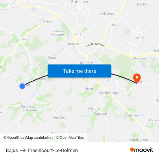 Bajus to Fresnicourt-Le-Dolmen map