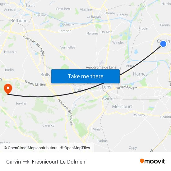 Carvin to Fresnicourt-Le-Dolmen map