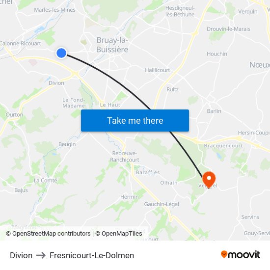 Divion to Fresnicourt-Le-Dolmen map