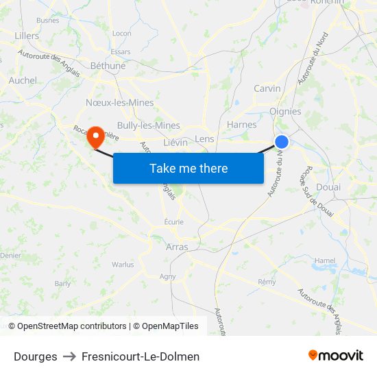 Dourges to Fresnicourt-Le-Dolmen map