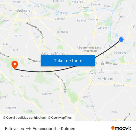 Estevelles to Fresnicourt-Le-Dolmen map