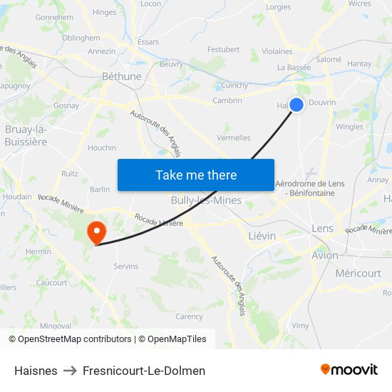 Haisnes to Fresnicourt-Le-Dolmen map