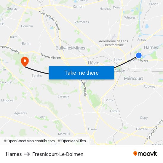 Harnes to Fresnicourt-Le-Dolmen map