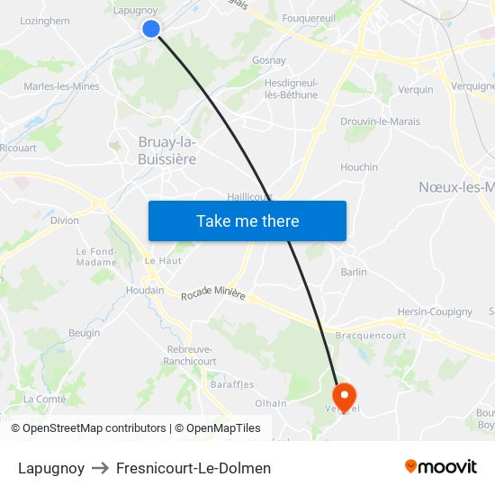 Lapugnoy to Fresnicourt-Le-Dolmen map