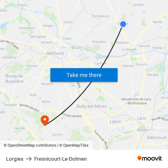 Lorgies to Fresnicourt-Le-Dolmen map