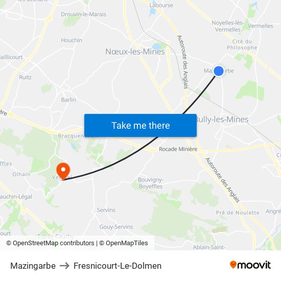 Mazingarbe to Fresnicourt-Le-Dolmen map