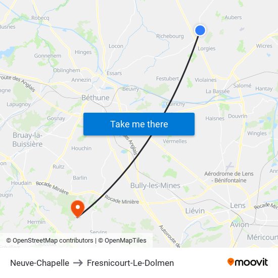 Neuve-Chapelle to Fresnicourt-Le-Dolmen map