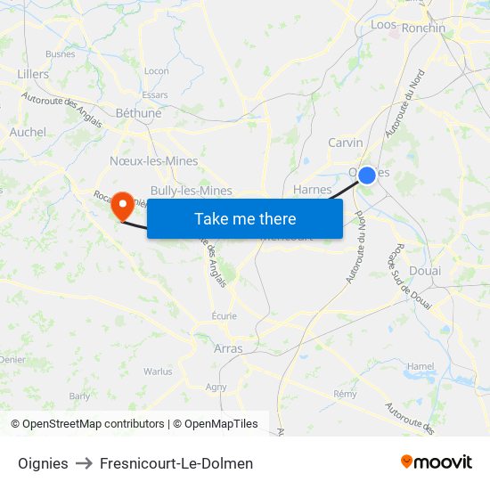 Oignies to Fresnicourt-Le-Dolmen map