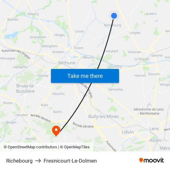 Richebourg to Fresnicourt-Le-Dolmen map