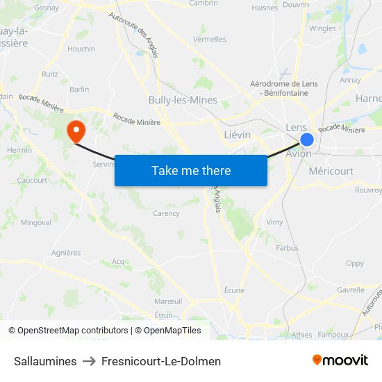 Sallaumines to Fresnicourt-Le-Dolmen map