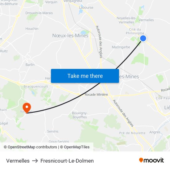 Vermelles to Fresnicourt-Le-Dolmen map